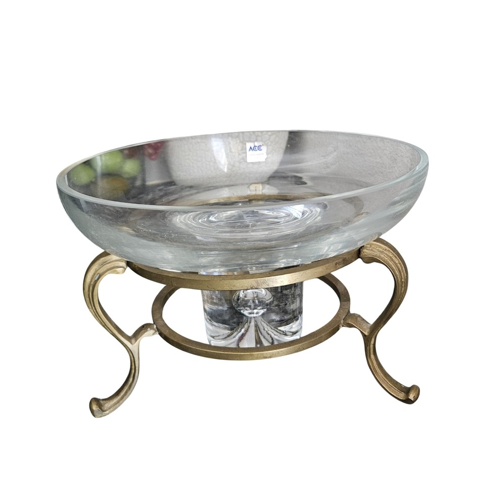 Clear Glass bowl with brass‎ stand handmade in Poland
